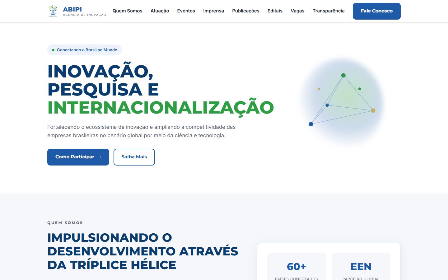 Portal da ABIPI com destaque para inovação, pesquisa e internacionalização